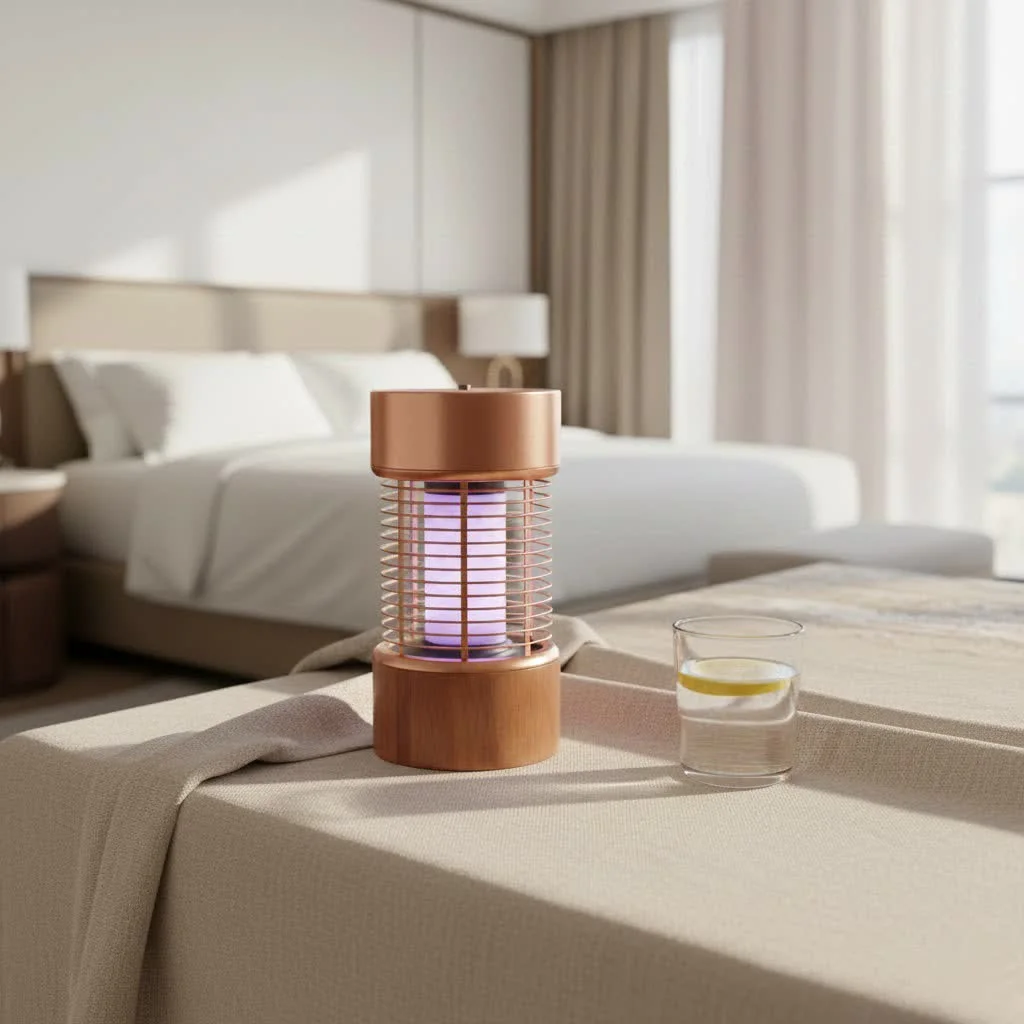 UV light bug zapper attracting insects at night